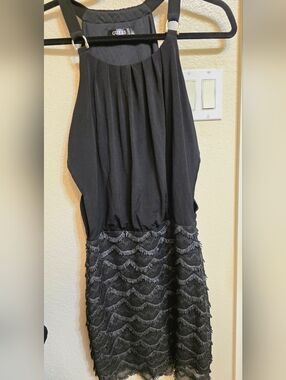 GUESS Black Mini Dress with Scalloped Lace Skirt, EUC
